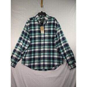 NEW Woolrich Midweight Flannel Shirt Blue Green Plaid Button Collar Men's Large